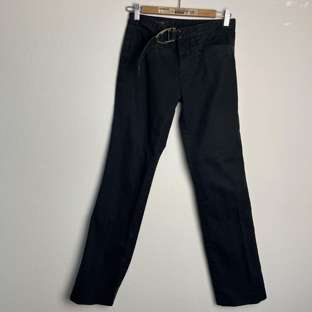 Gucci Pants Womens 40 Black Straight Leg Belted Dress Cotton Twill Made In Italy